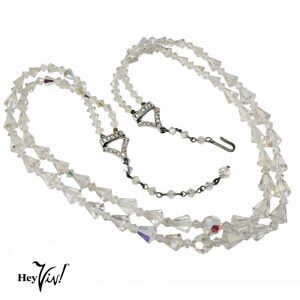 Vintage Aurora Borealis Crystal Bead Necklace 2 Strand w Rhinestone 22" -Hey Viv